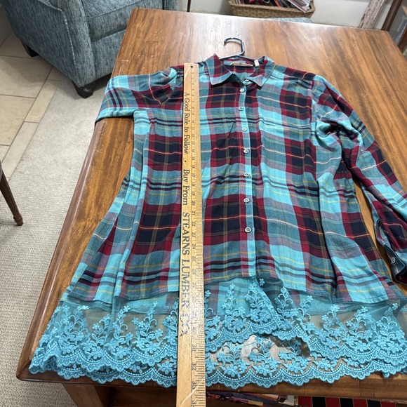 SOFT SURROUNDINGS Size L Red Turquoise Plaid Flannel  Shirt Dress - Picture 4 of 5